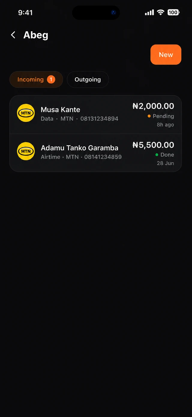 Kati incoming recharge request screen