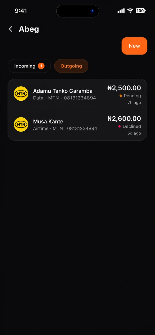 Kati outgoing recharge request screen