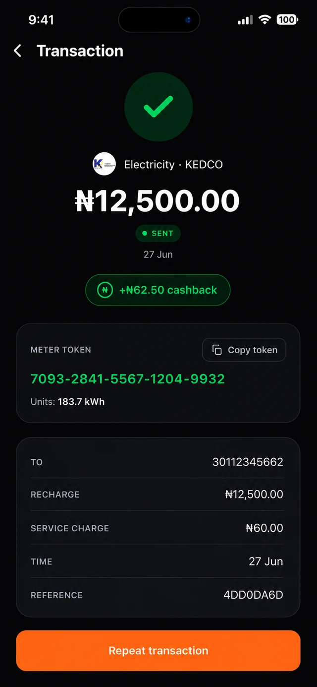 Kati electricity transaction screen
