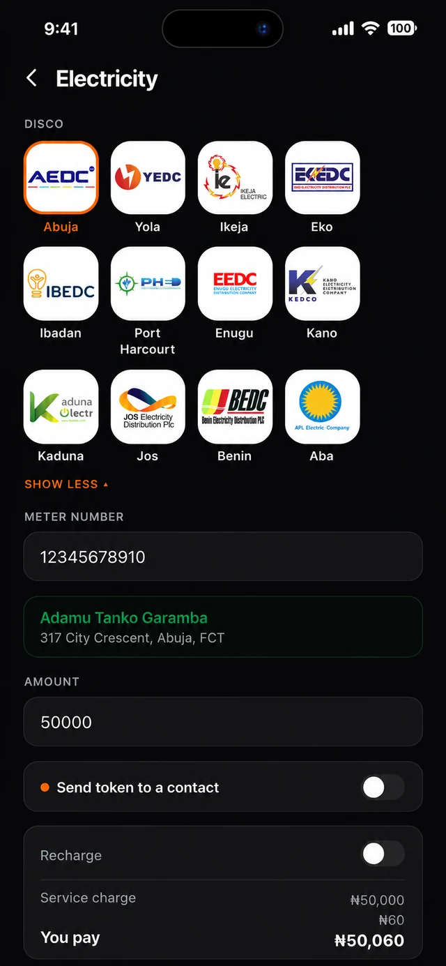 Kati electricity payment screen